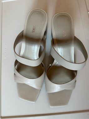 Zara Cream Double-Strap Square-Toe Slide Mules